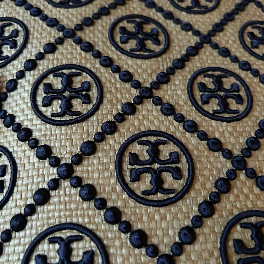 Tory Burch T Monogram Embroidered Straw Pouch Royal Navy